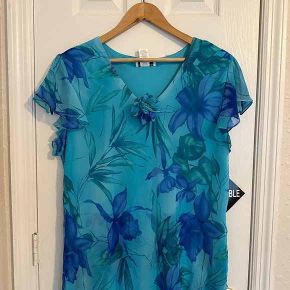 NWT Miss Dorby Blue Floral Print Sheer Overlay Formal Dress 18 - Picture 2 of 8